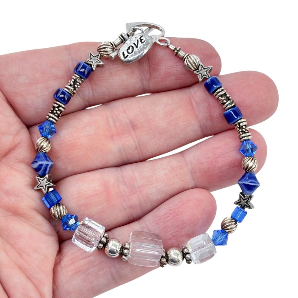 Estate Sterling Silver 925 Blue Crystal Love Charm Bracelet 8.5"